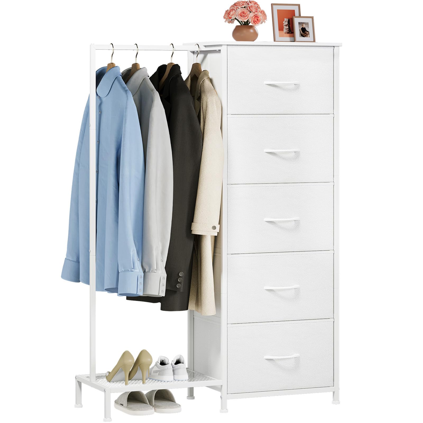 Somdot Commode Chambre avec Penderie, Meuble de Rangement Chambre à 5 Tiroirs en Tissu, Commode pour Salon, Couloir, Entrée, Adult, 30P x 79l x 114,5H, Blanc