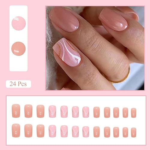 Miniatura 9 de Uñas postizas a presión, uñas postizas cortas con forma cuadrada, punta francesa, diseño rosa nude, con pegamento, cobertura completa, uñas postizas