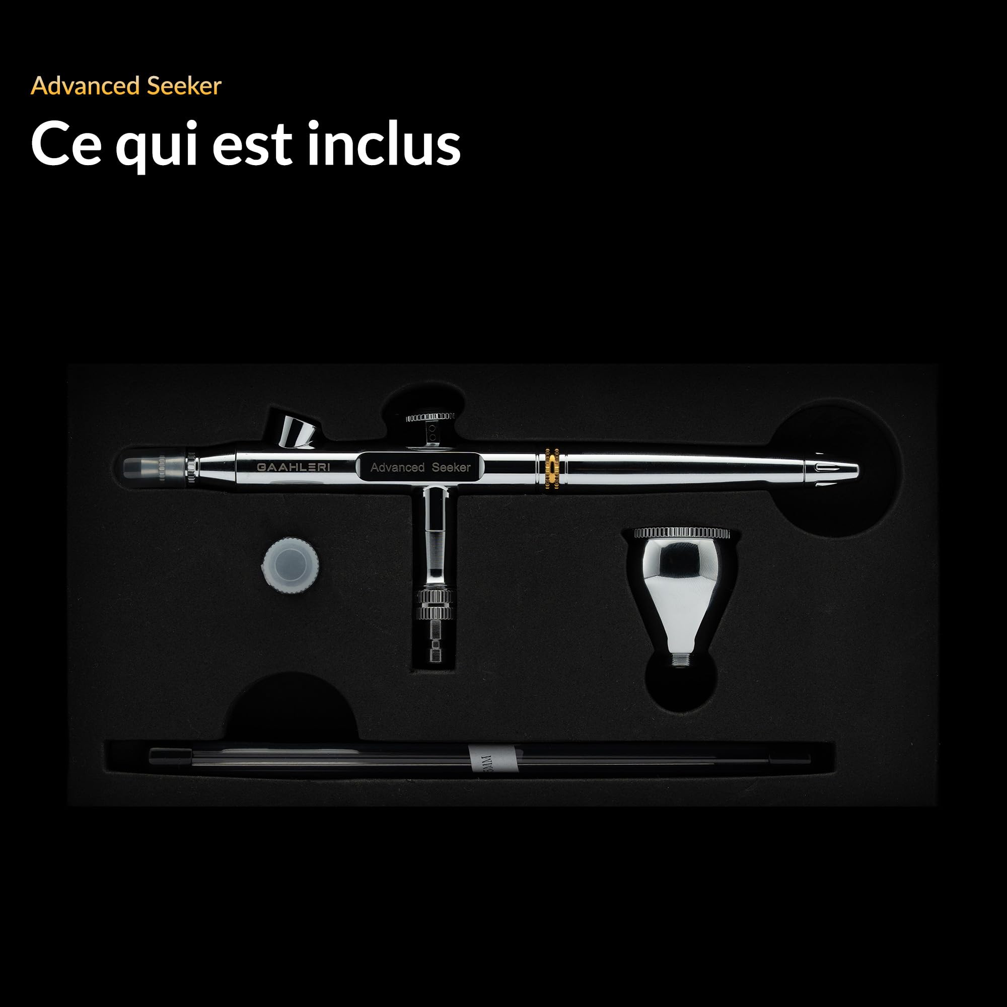 Gaahleri Seeker double action, gravité, buse 6 pos, aig./buses 0,3 & 0,5 mm, godet 1/3 oz, poignée ergo. Maquettes & peinture art