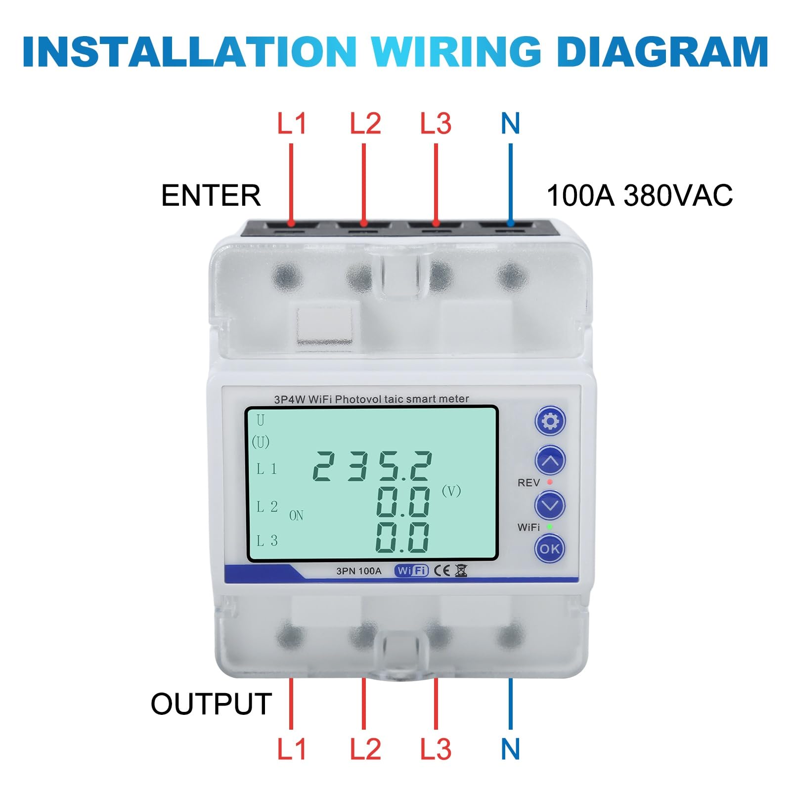 Jadeshay WiFi Smart Electric Meter 100A 380V Energy Monitor Din Rail Circuit Breaker 3 Phase 4 Wire Photovoltaic Electricity Usage Monitor Remote Control via APP Over Under Voltage Protector - Image 3
