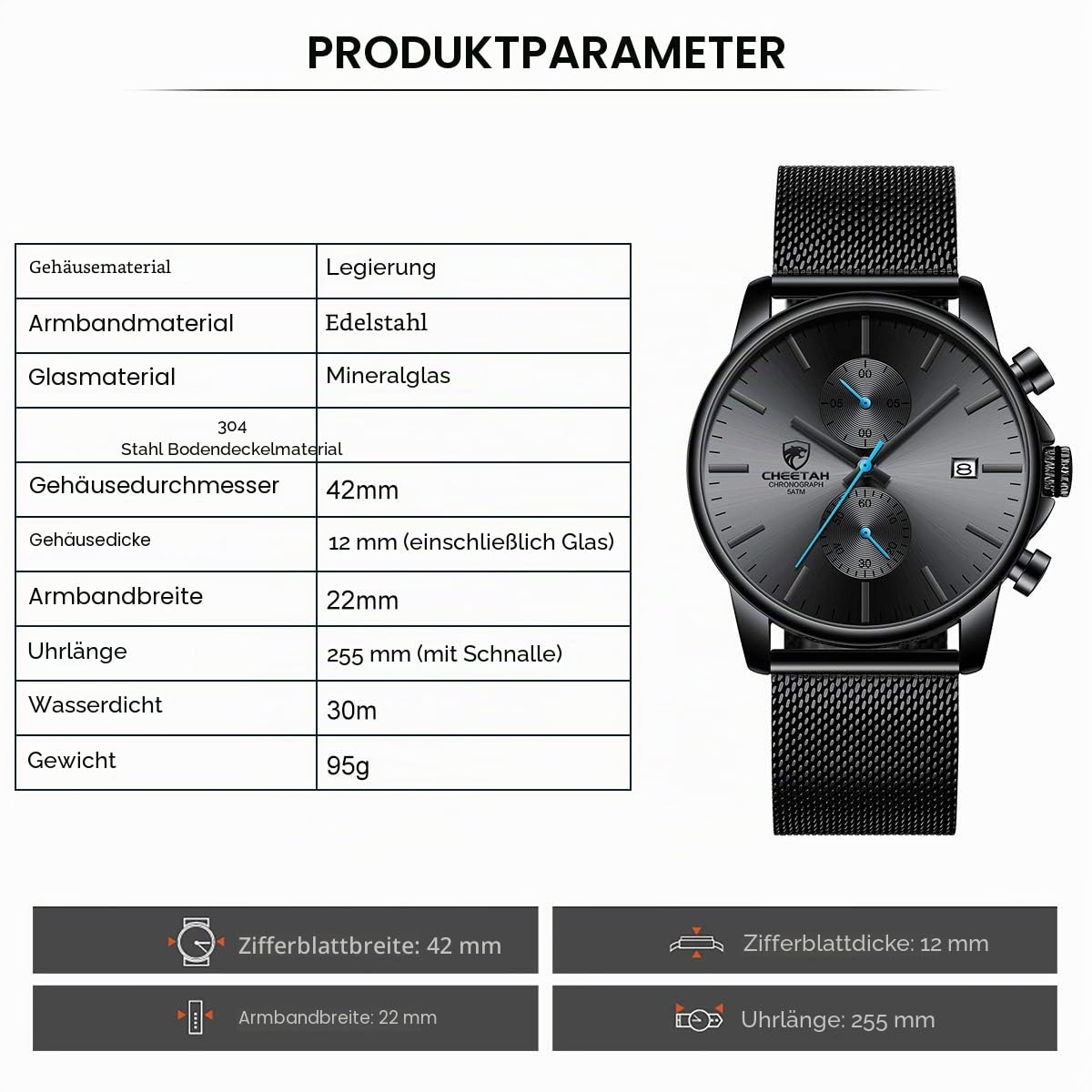 GOLDEN HOUR Herrenuhr Mode Schlanke minimalistische Quarz Analog Mesh Edelstahl wasserdichte Chronographen Uhren