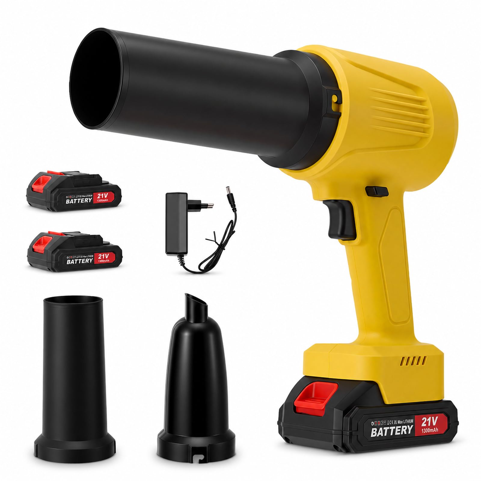 Soffiatore a batteria da 21 V con batteria e caricatore, 650 W con 50.000 giri/min, senza fili, con funzione di soffiaggio e aspirazione per giardino, terrazza, officina, cortile e auto