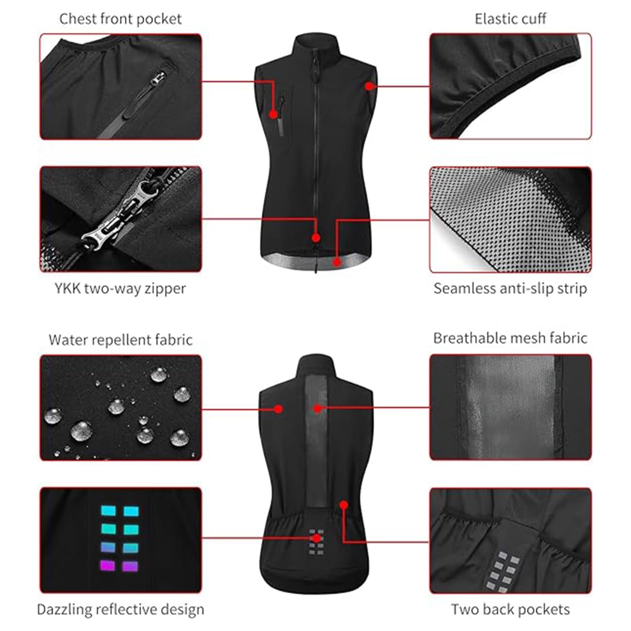 Gilet de Cyclisme pour Femme, imperméable, Coupe-Vent, sans Manches, léger, Respirant, Maillot de Cyclisme, vélo, VTT, Sport, Haut de Cyclisme,Black-XL