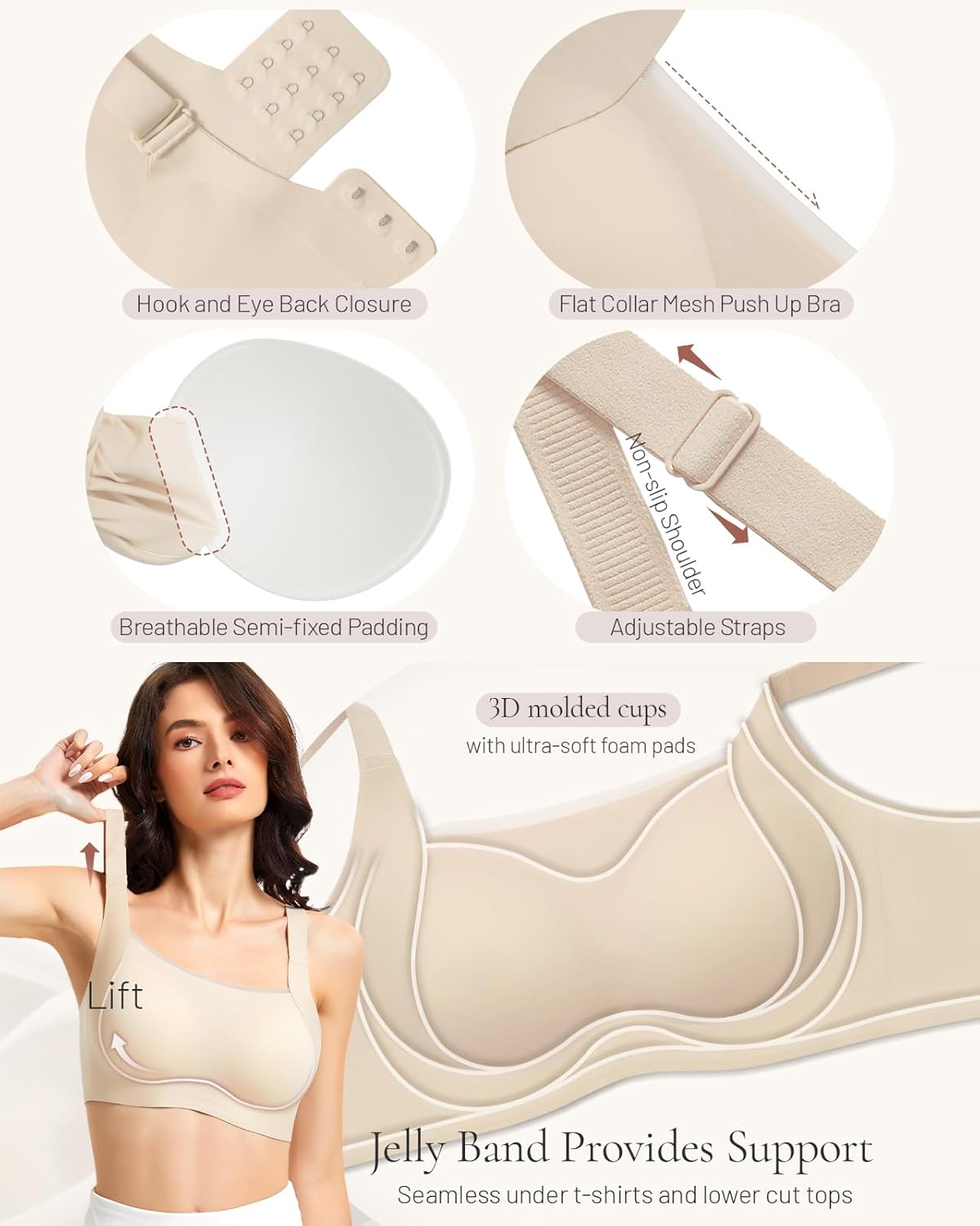 Scalloped Lift Bras for Women No Underwire Buttery Soft Push Up Wireless Bras V Neck Seamless Bralettes - Image 6