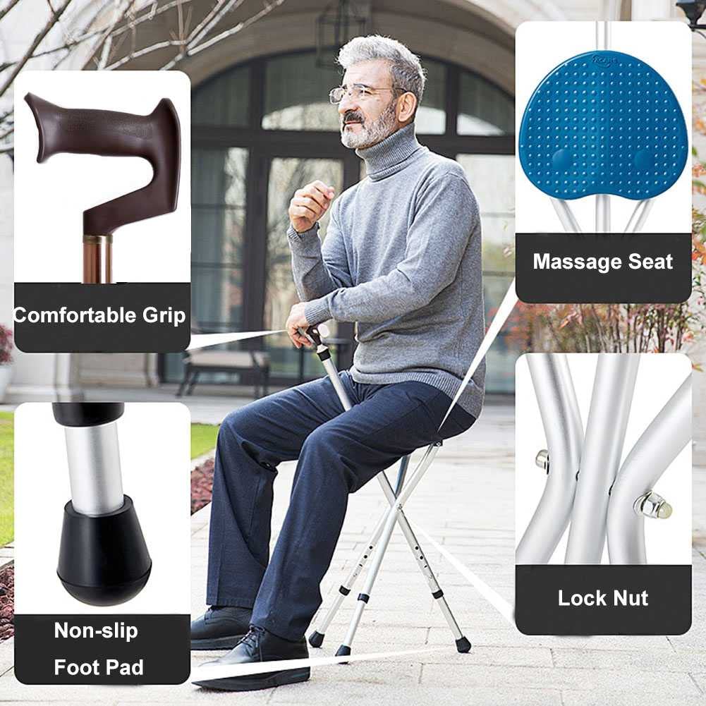 Bastón para trípode con Asiento, Silla de muleta de trípode con Ayuda de bastón Plegable Ajustable con Asiento para Anciano, 400 LB Capacidad, 3 Patas Bastón (Brown)
