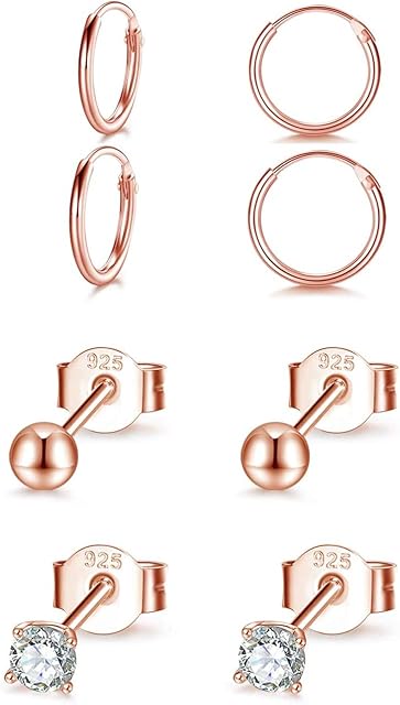 Gulicx Sterling Silver Stud Hoop Earrings for Women Girls, 4 Pairs Hypoallergenic Small 3mm Round Ball Cubic Zirconia Stud Earring 12mm Cartilage Sleeper Hoop Earring Set, Color: Silver/Gold/Rose Gold