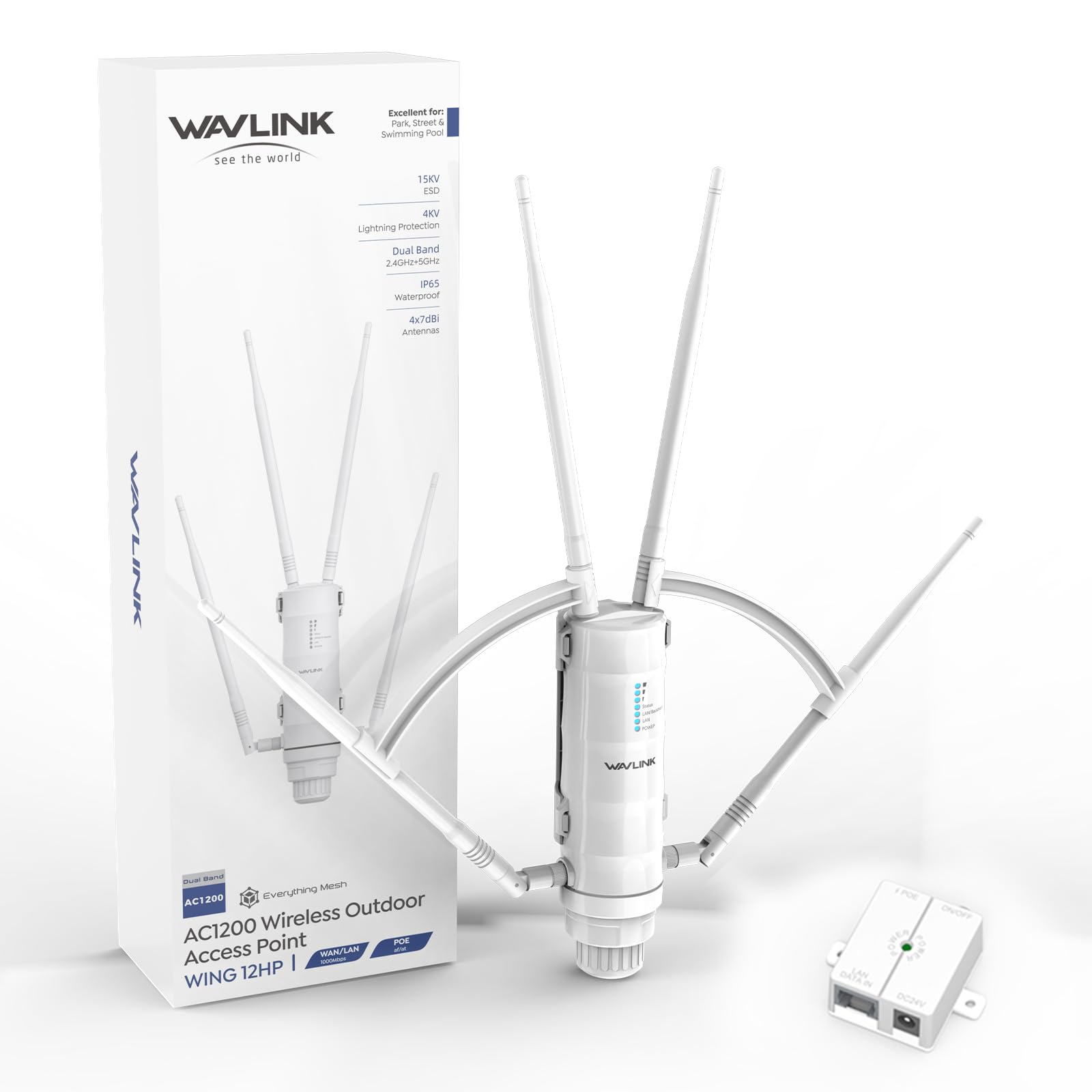 WAVLINK AC1200 Outdoor WiFi Extender, 2026 Long Range Wireless WiFi Booster with PoE, Dual-Band, 4 x 7dBi High-Gain Antennas, Support Mesh/AP/Repeater Modes, IP65 Weatherproof, Starlink Compatible