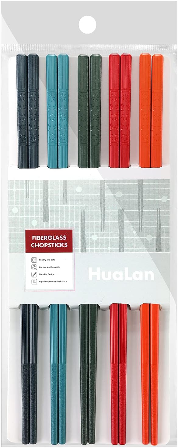 Colorful Fiberglass Chopsticks, Dishwasher Safe Chopstick, Reusable Non-slip Chop Sticks, 9 1/2 Inches, 5 Pairs, Colorful