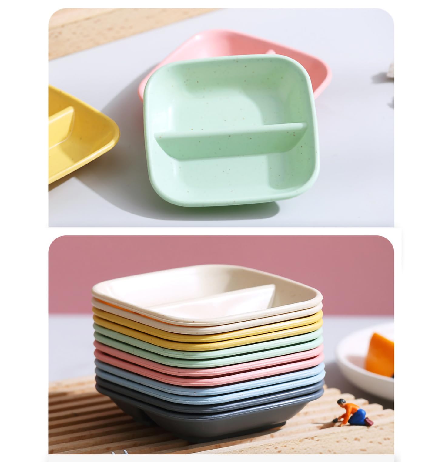 P-PLUS INTERNATIONAL Wheat Straw Seasoning Dishes, Sushi Dipping Bowl, Vinegar Spice Sauce Dishes, Mini Appetizer Plates, Saucer Kitchen Dip Bowls Set Mini Bowl Soy Sauce Plate (9cm, Grey, Set of 12) 4