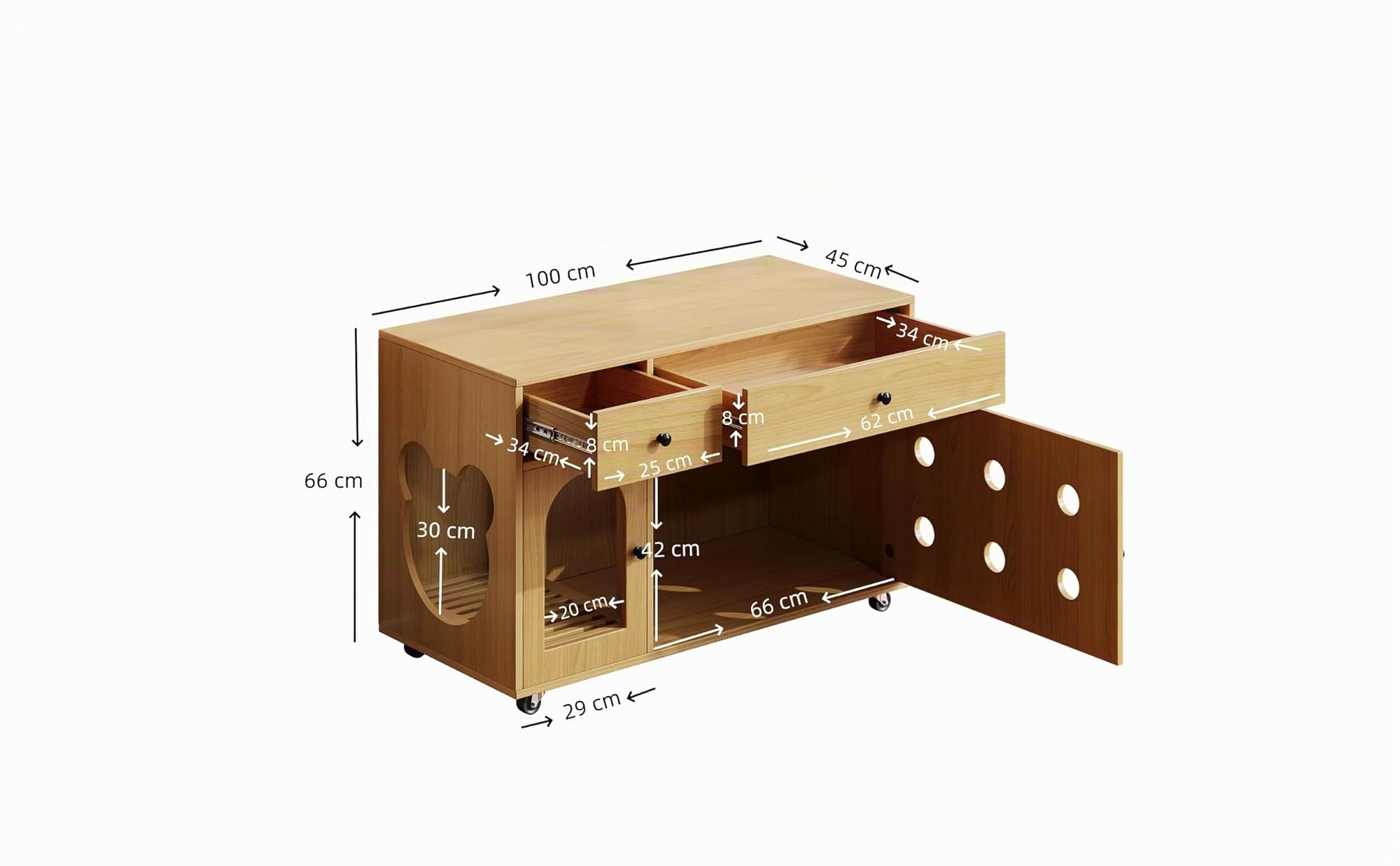 Katzenkloschrank (bewegliche Katzentoilette) – Katzenschrank/Katzenhaus mit abnehmbare Sandablassplatte, geruchsisoliert, ohne Katzenklo, 100×45×66 cm