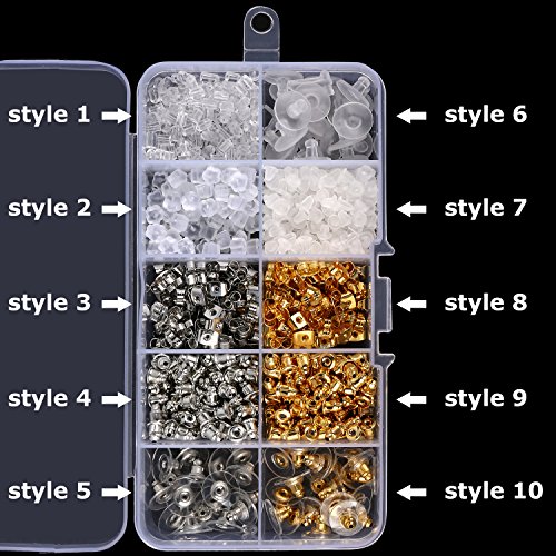 1040Pcs Earring Backs, Betybedy 10 Styles Earring Backings Kit, Metal Plastic Rubber Earring Back Clips Bullet Butterfly Flower Shape #TOP2