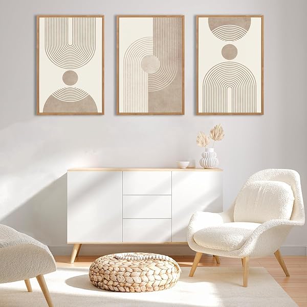 BINCUE Boho Abstrakte Wandkunst,beige braun neutrale Leinwand Wandbilder Rahmen,Moderne Wohnzimmer Wanddekoration,Geometrische Abstrakte Bilder,Moderne Boho Wanddeko Schlafzimmer Büro 30x40cm*3 - 4