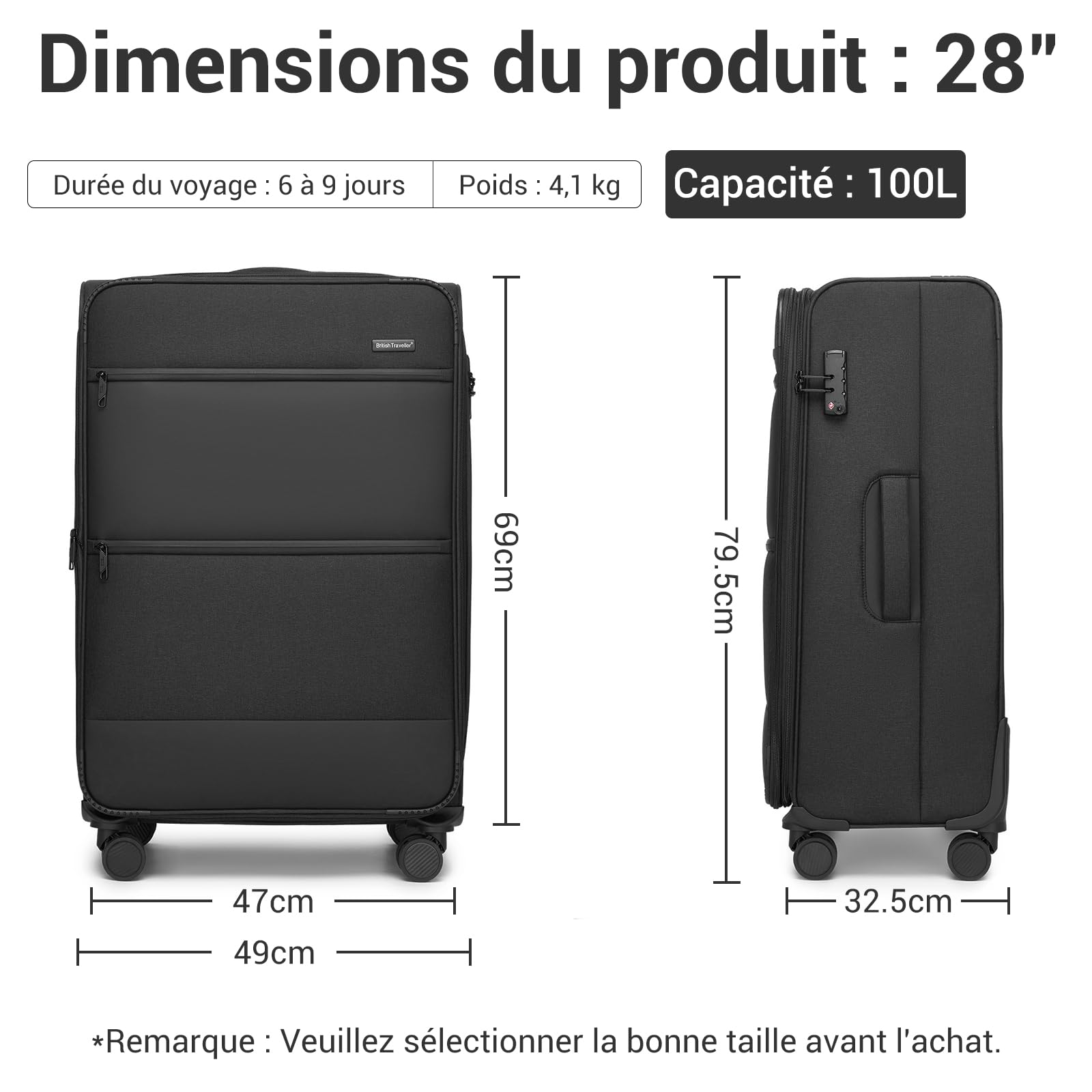 British Traveller Valise Soute de Grande Taille 79.5x49x32.5 cm 100L, Valise Souple et Extensible (+3.5cm - Légère et Résistante avec 4 Roues Silencieuses 360° et Serrure TSA, Noir