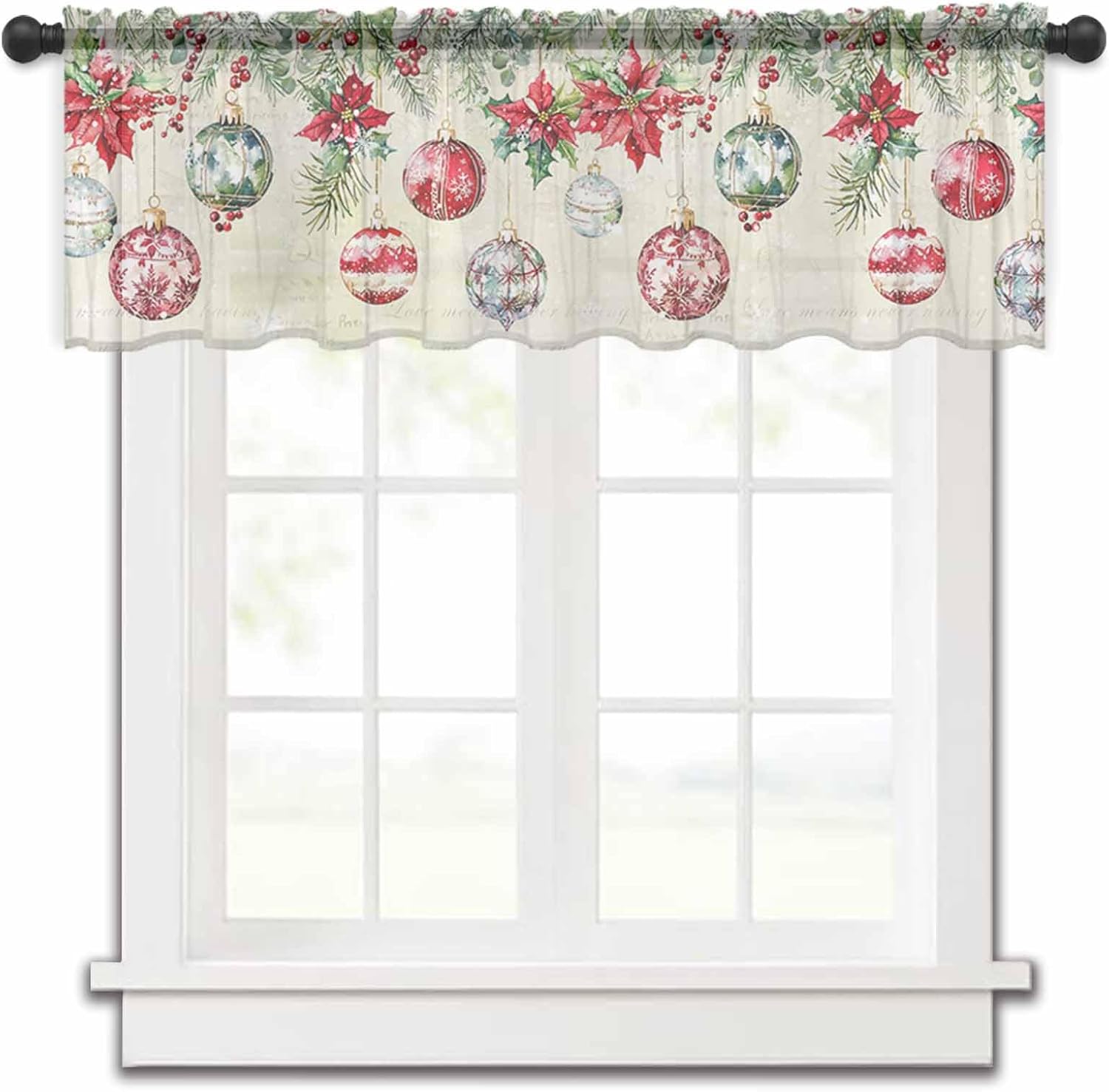 Gray Christmas Balls Sheer Valance, 60"x18" Light Filtering Kitchen Curtain Valances, Red Green Xmas Botanical Snowflake Chiffon Rod Pocket Living Room/Bedroom/Cafe Curtains