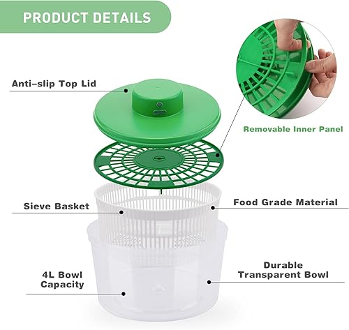 Miniatura 3 de Electric Salad Spinner 4L Large Capacity Fruit  Vegetable Strainer Spinner USB Rechargeable Vegetable Spinner Dryer with BPA Free Bowl Automatic