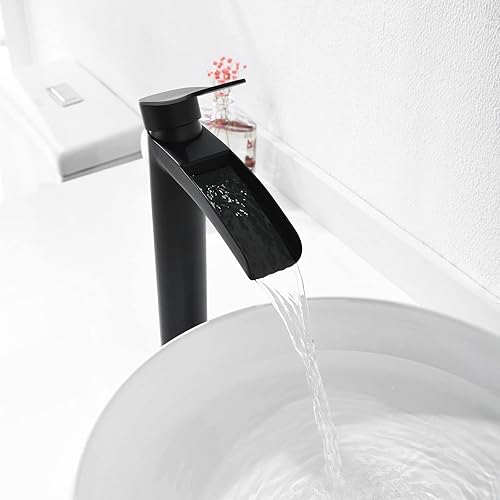 Miniatura 4 de Phiestina NS-SF01-MB-V - Grifo de lavabo de baño alto negro mate, grifo de baño de una sola manija, con drenaje desplegable de metal y líneas de