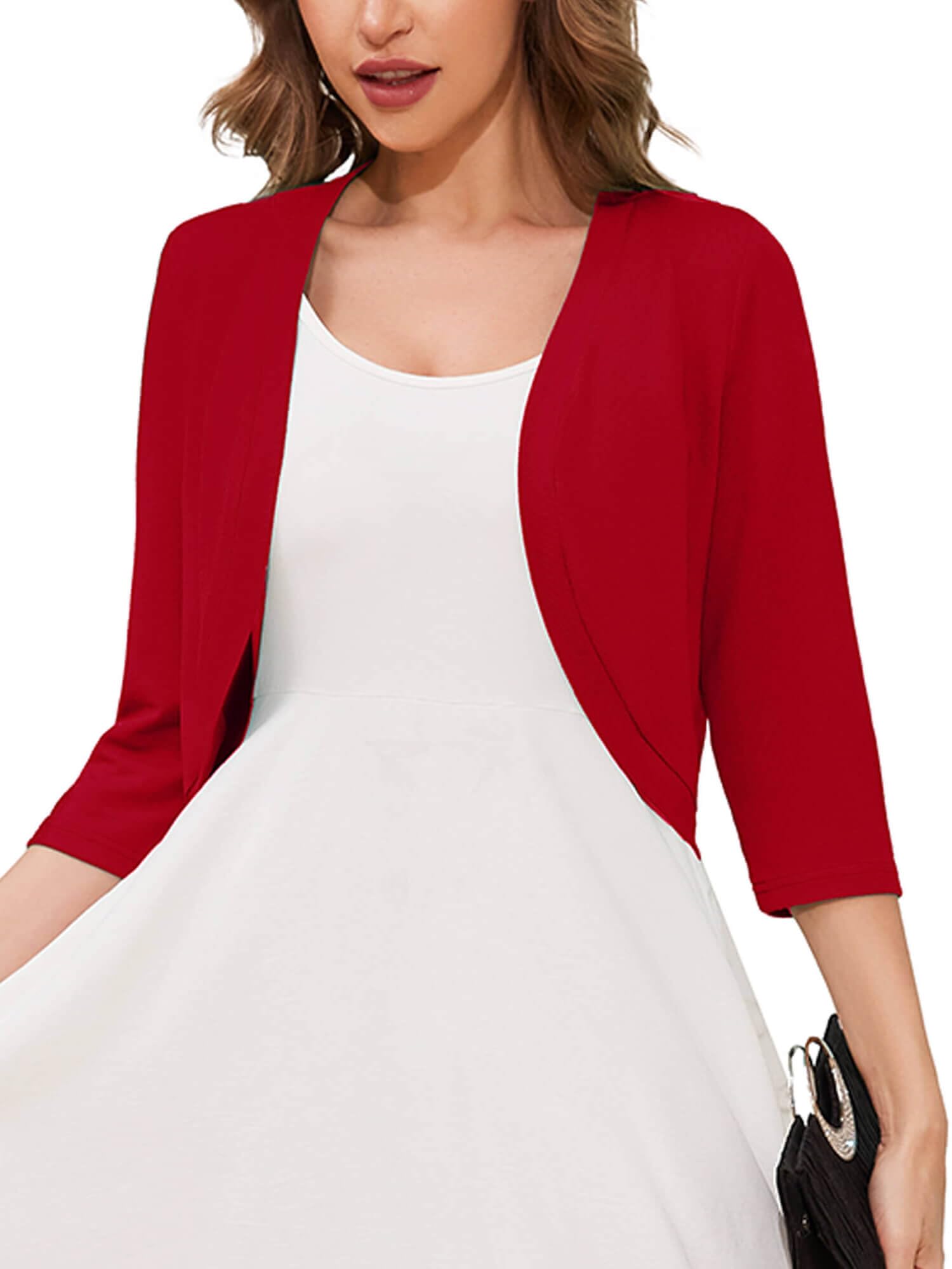 3/4 Sleeve Open Front Lightweight Cropped Bolero Shrug Cardigan | Soft breathable knit, 3/4 sleeve cropped cut, open front layering, versatile cover up for dresses, women's casual fit