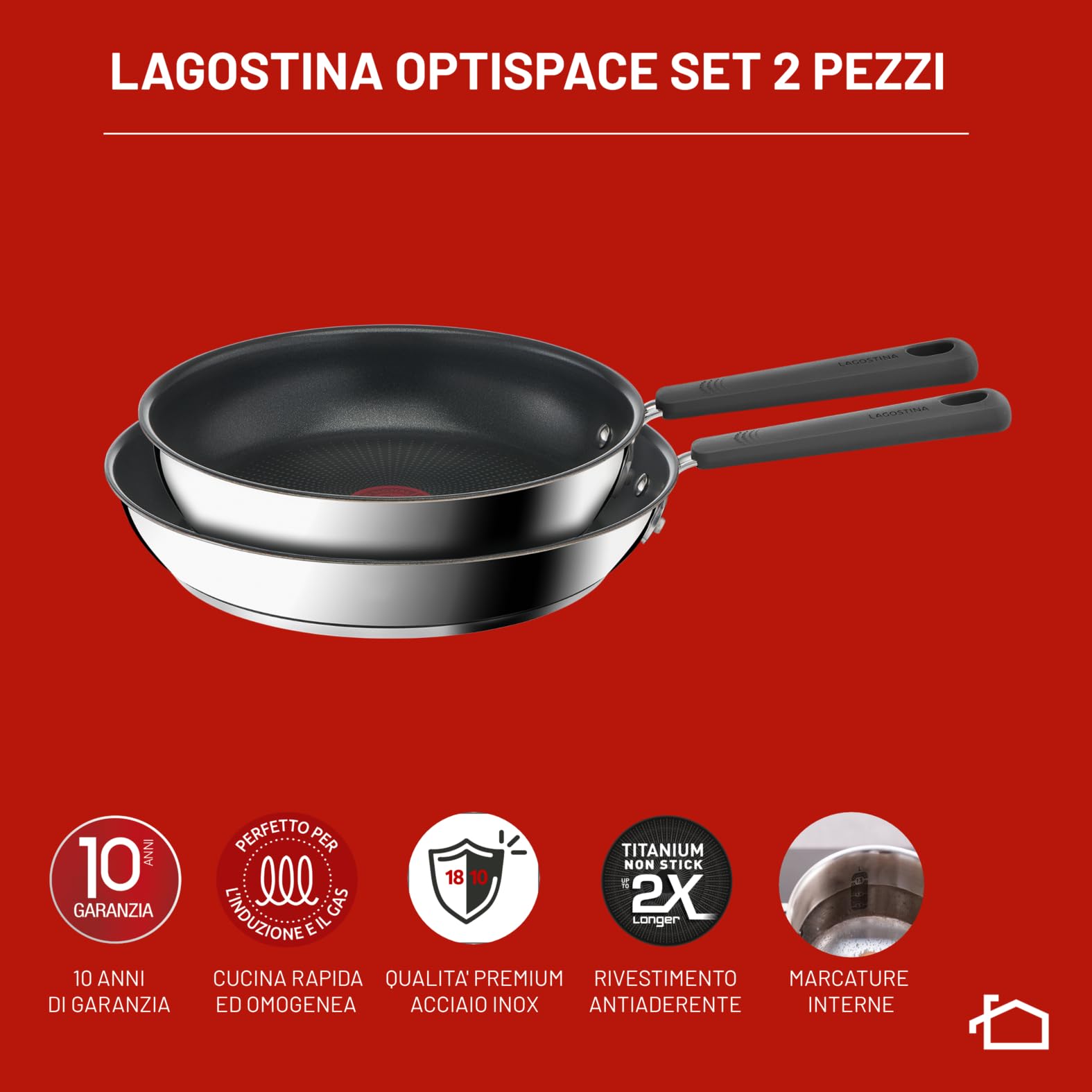 Lagostina Optispace, Set di 2 Padelle Antiaderenti da 24 e 28 cm, Impilabili e Salvaspazio, Con Manici in Silicone - 3