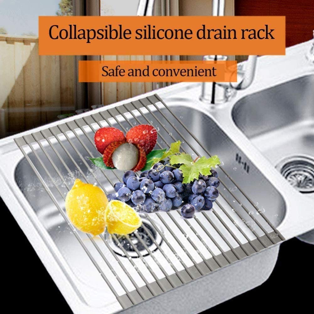 Rejilla para Secar Platos, Escurridor De Platos Plegable Ideal para Frutas, Verduras, Platos, Acero Inoxidable con Revestimiento De Silicona Duradero, 53 X 32 Cm
