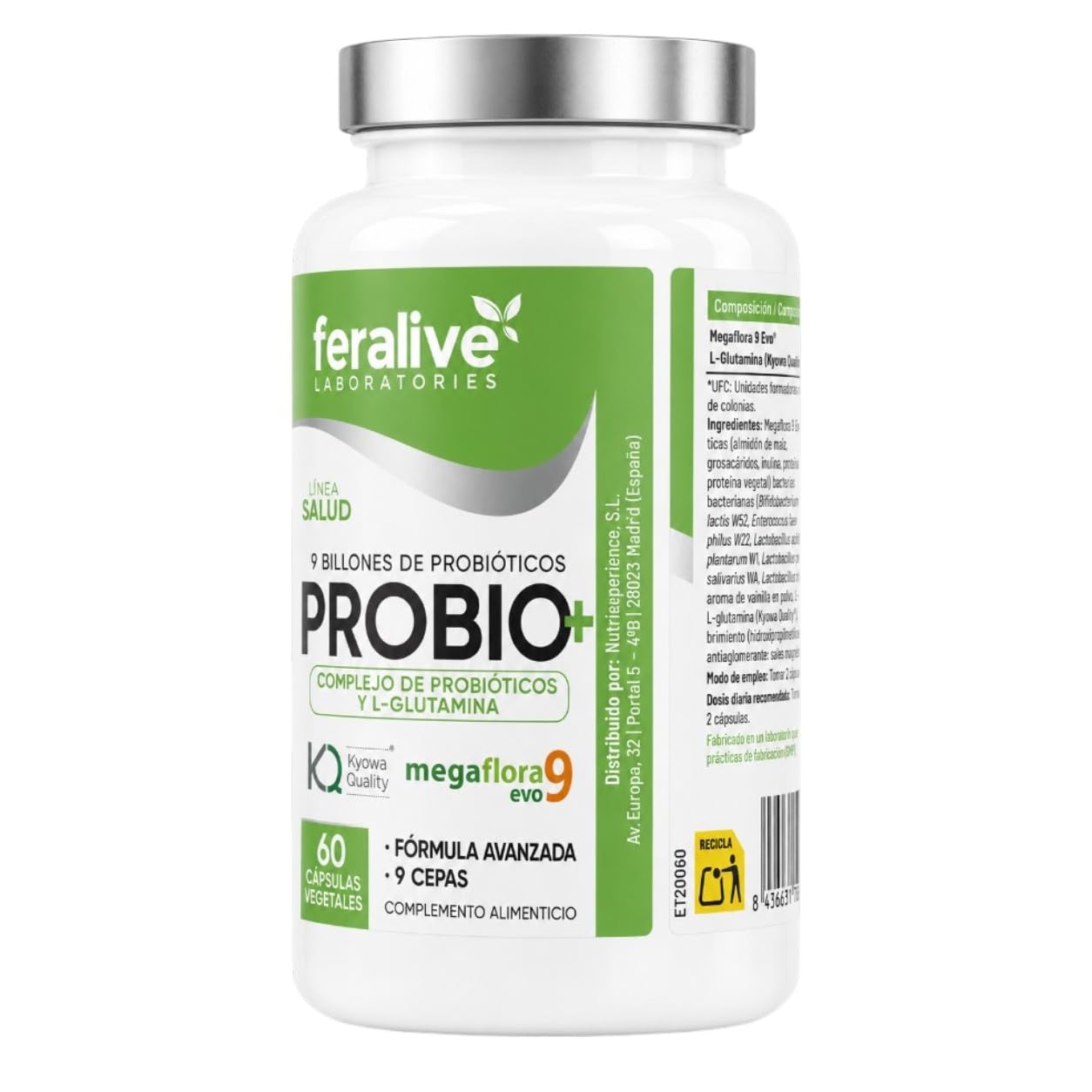 PROBIO+ 60 Cápsulas – Megaflora 9 Evo® + L-Glutamina Kyowa® – Suplemento Probiótico para Flora Intestinal, Digestión y Salud Gastrointestinal