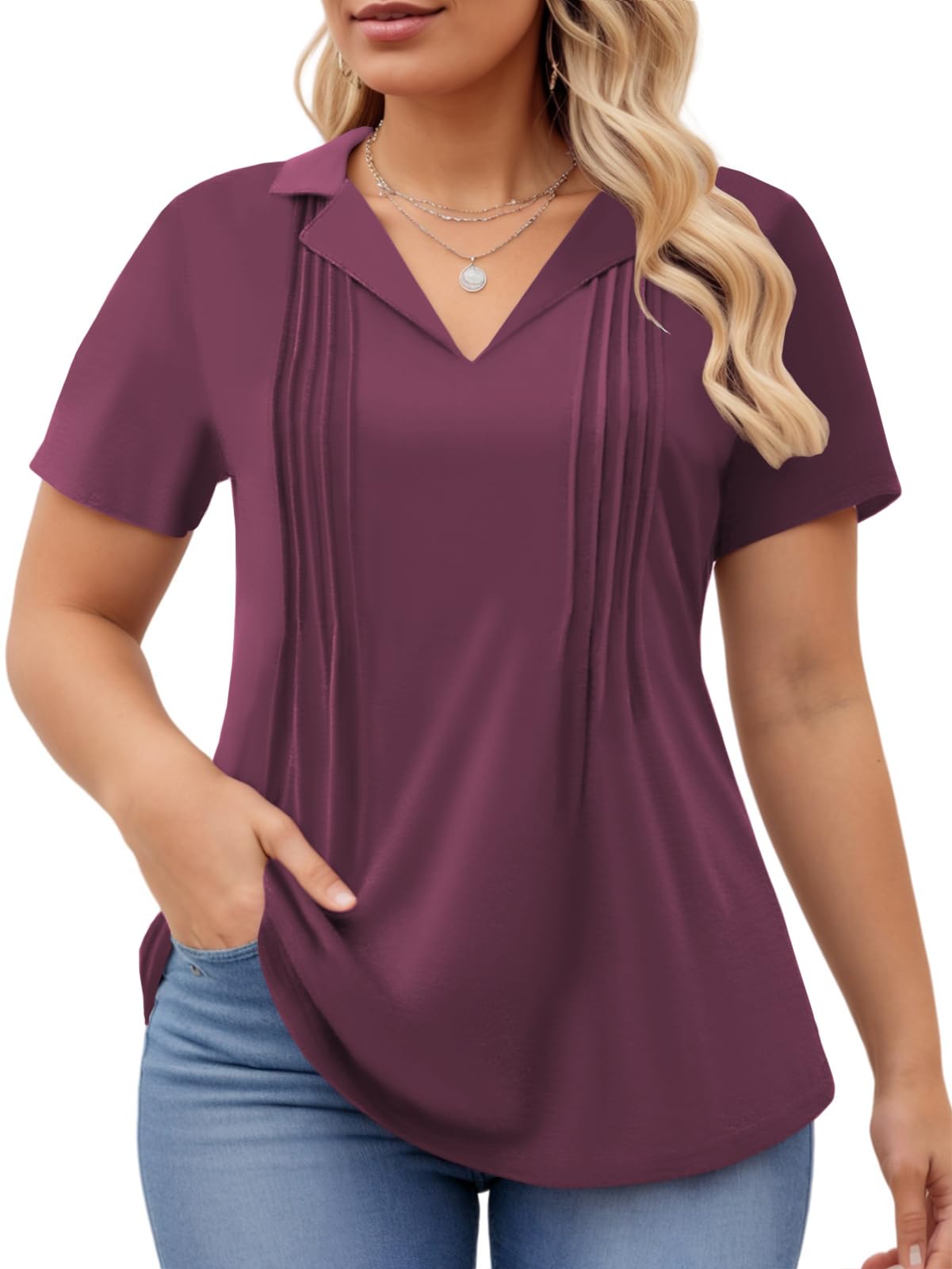 ROSRISS Plus-Size-Womens-Summer-Tops Casual Polo V Neck Work T Shirts Cute Flowy Pleated Blouses Trendy Short Sleeve Tunics