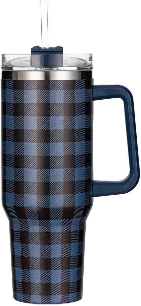 Blue Buffalo Check Canyon Cup, 40oz, Gift Box, Stainless-Steel, with Straw by Evergreen