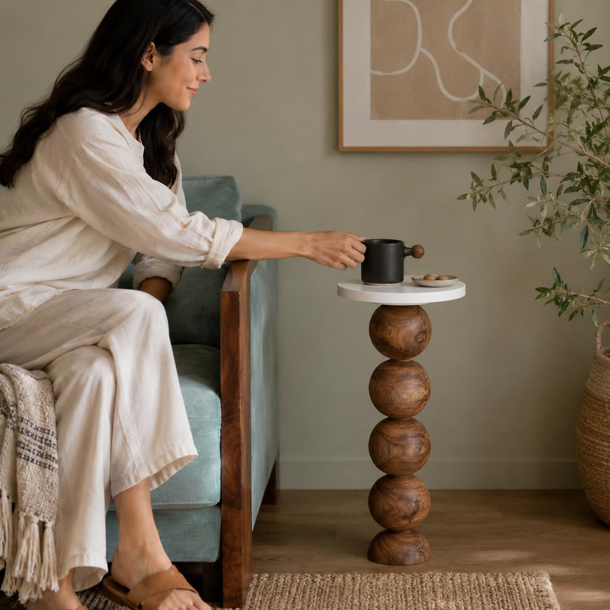 Modern Sofa Side Table with Round Top, Brown and White Finish MDF & Kikker Wood Accent Table, Foldable End Table for Living Room Bedroom Balcony Office Home Decor-image-14