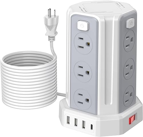 Miniatura 13 de Regleta de alimentación con protector contra sobretensiones, cable de extensión de 10 pies con 12 tomacorrientes múltiples de CA y 4 USB (1 USB C),