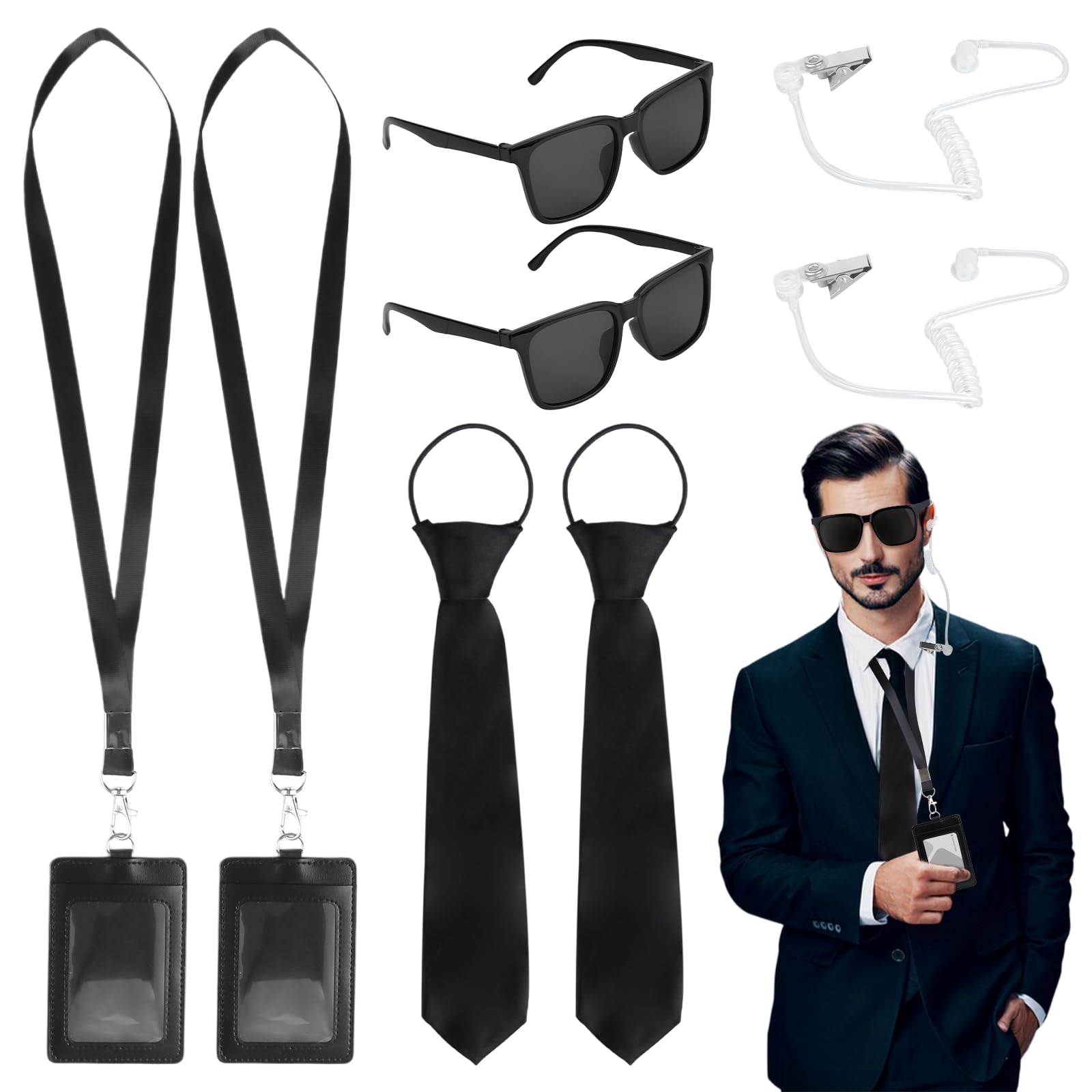 Qichan 8 Pcs Men in Black Costume Accessories, Agent Costume Accessory with Tie, Sunglasses, Card Holder, Headphones
