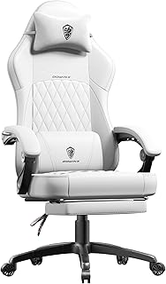 Dowinx Silla de juegos con cojín de resorte de bolsillo, silla ergonómica para computadora con masaje lumbar y reposapiés para adultos, silla de juegos de respaldo alto de cuero para juegos de oficina