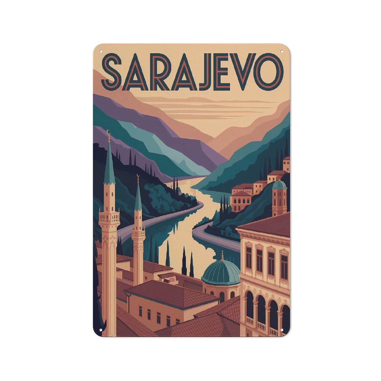 Junmoney Style-6 Metal Wall Sign 30X20cm Featuring Sarajevo Travel For Bar Or Restaurant, Gift For Bar Decor Enthusiasts During The Christmas Season