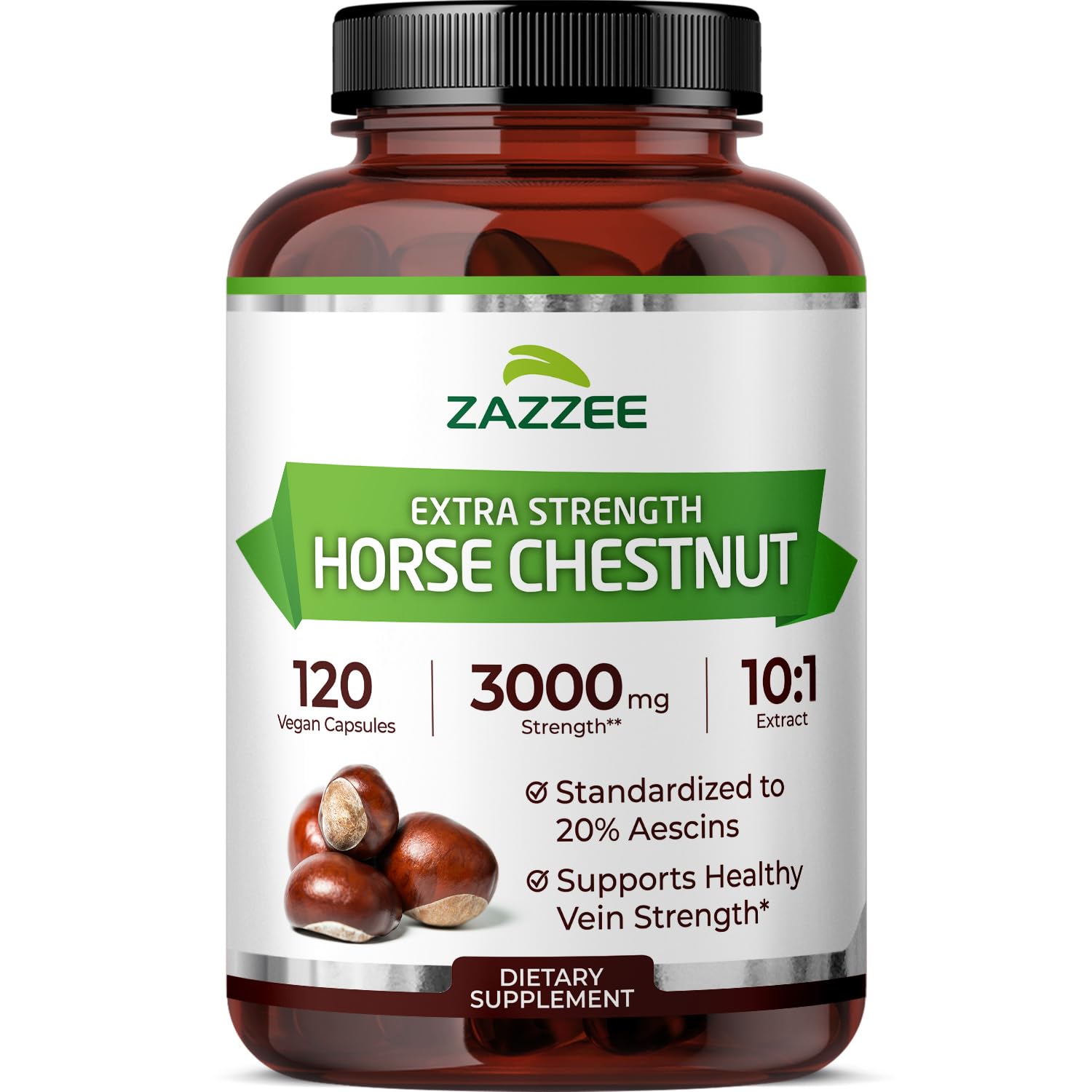 Zazzee Extra Strength Horse Chestnut 10:1 Extract, 3000 mg Strength, 20% Aescins, 4 Month Supply, 120 Vegan Capsules, Concentrated and Standardized 10X Extract, All-Natural, Non-GMO, Made in The USA