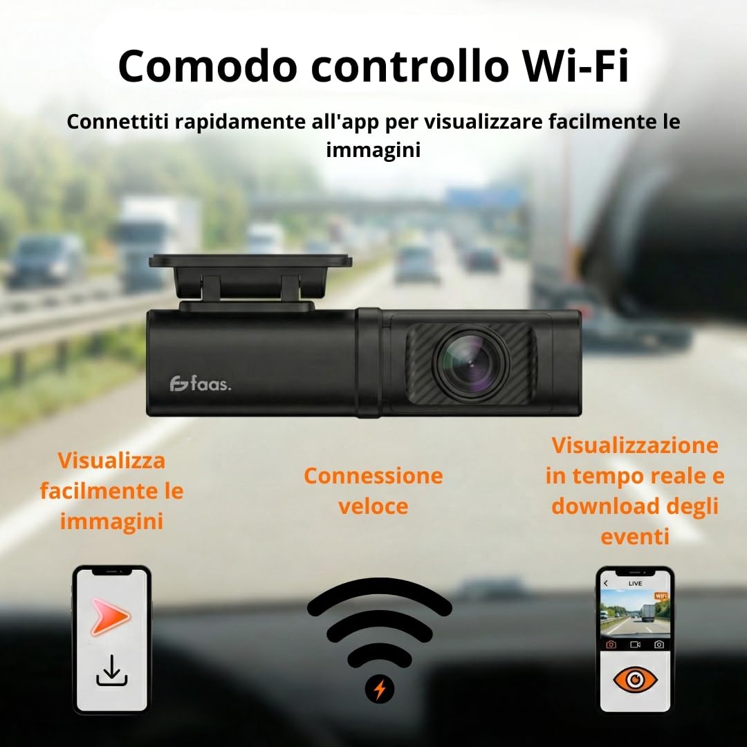 Faas S80 Dash Cam Auto 4K Fronte e Retro – Telecamera per Auto con Scheda 64GB Inclusa, WiFi, Visione Notturna, G-Sensor, Modalità Parcheggio & Grandangolo 160°