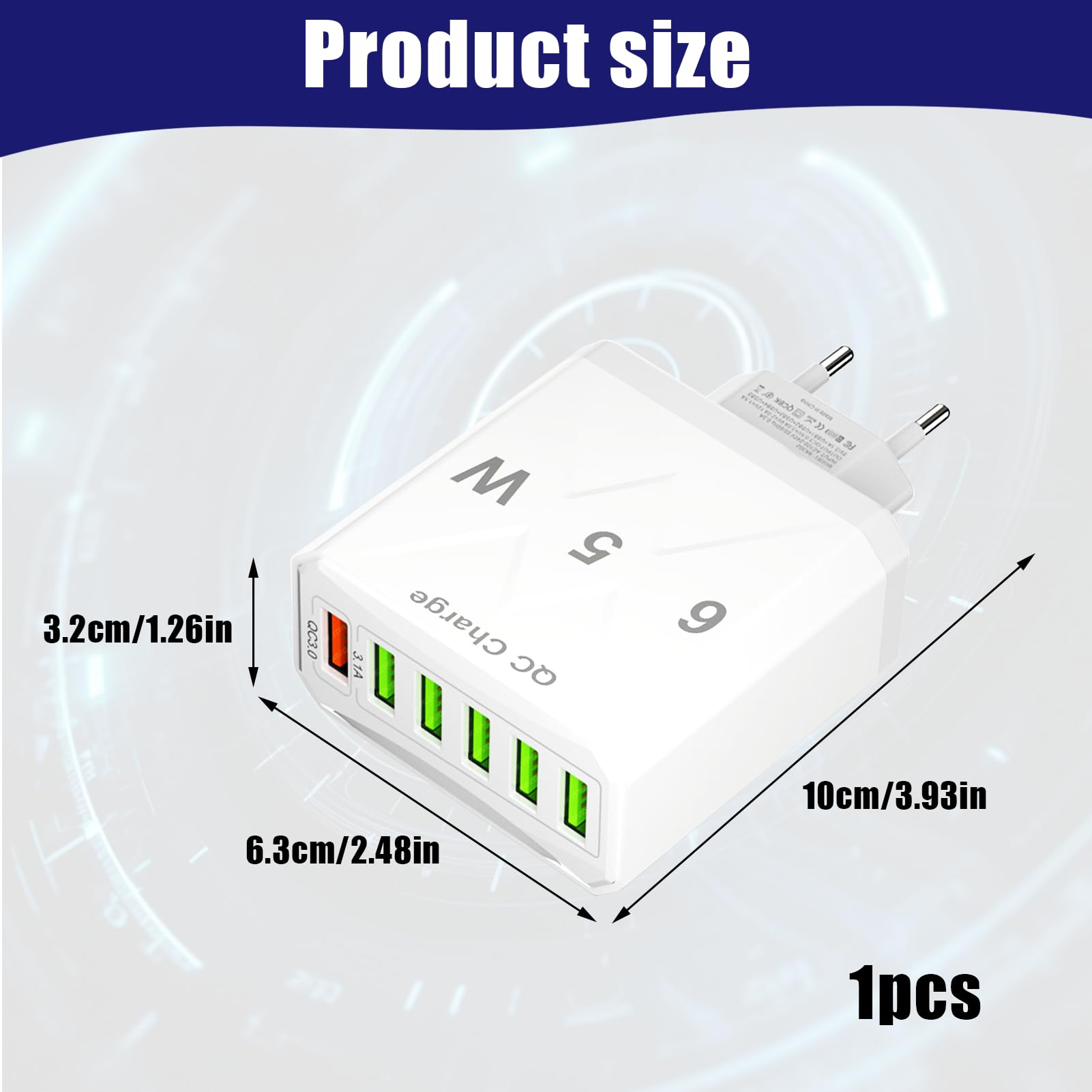Chargeur USB Multiple 6 Ports 65W - QC 3.0 + Ports USB 3.1 - Prise Compacte Blanche - Protection Surcharge - Compatible IPhone, Samsung, Huawei