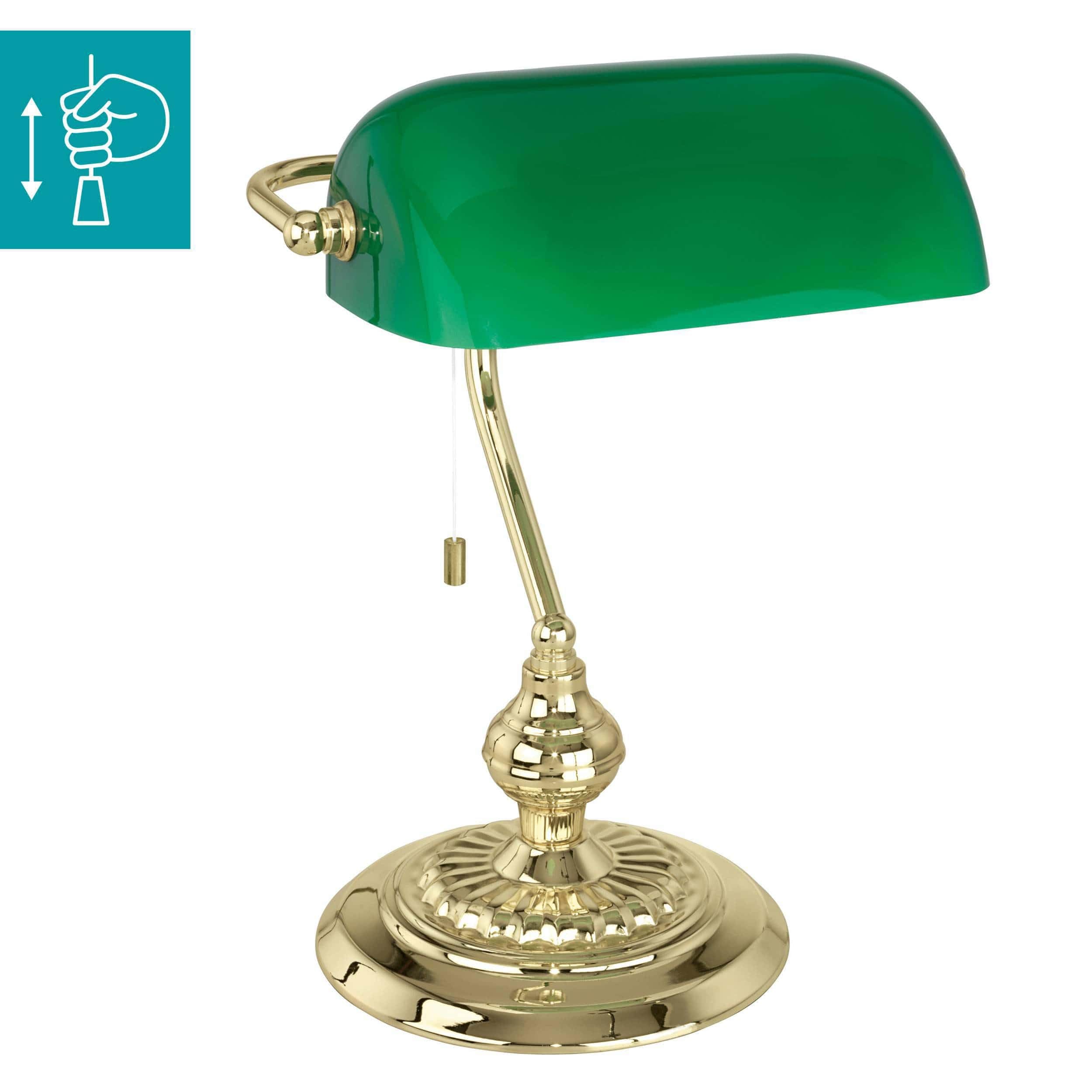 EGLO Tischlampe Banker, 1 flammige Tischleuchte Vintage, Retro, Art Deco | Klassik, Schreibtischlampe aus Stahl und Glas, Nachttischlampe, Bürolampe, Messing, Grün, Lampe mit Zug-Schalter, E27 Fassung