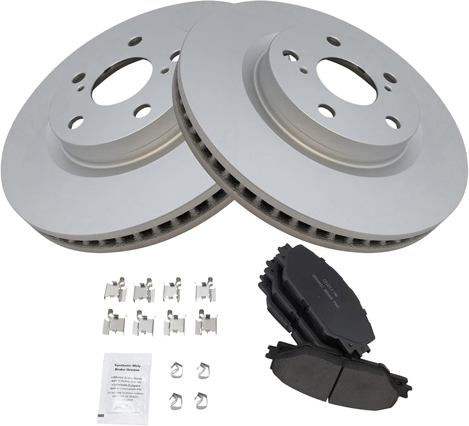 TRQ Front Ceramic Brake Pad Kit & Coated Rotor Pair Kit w/Chemicals Compatible with 2009-2010 Pontiac Vibe 2011-2016 Scion tC 2017-2018 Toyota Corolla iM 2009-2013 Matrix 2006-2018 RAV4