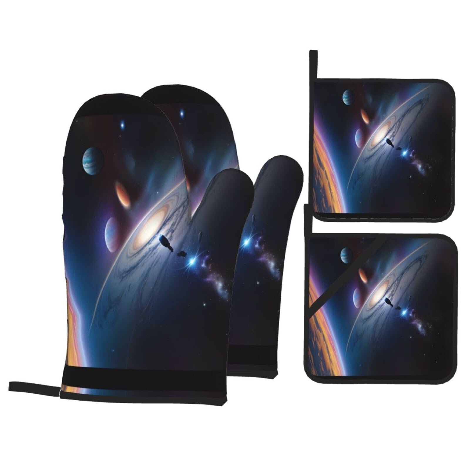 A fascinating universe Oven gloves and heat-resistant mat 4-piece set. Suitable for grilling, microwave oven frying, and baking