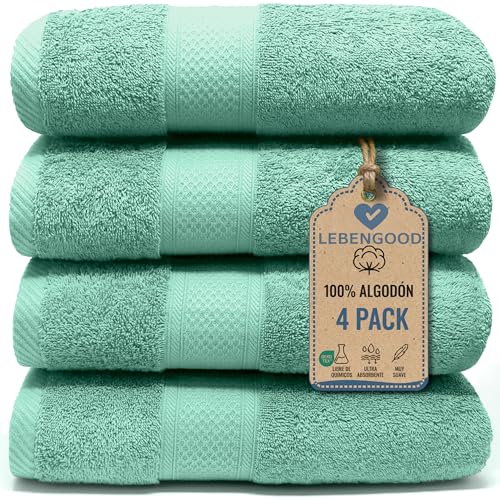 LEBENGOOD Juego de Toallas Baño y Lavabo 100% Algodón Premium 550gsm | Toallas Suaves, Absorbentes y Resistentes para Ducha, Hotel, SPA y Gym | Set de 4 Toallas Mano y Cuerpo (4 50X90 Aqua)