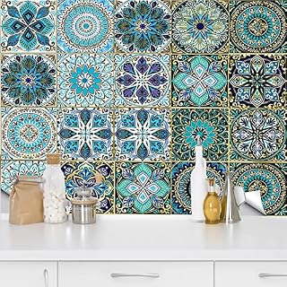 QUCUMER 20 Pcs Tile Stickers 15*15cm PVC Wall Tile Stickers Moroccan Style Tile Stickers Mandala Tile Decals Self Adhesive Stairs Tile Sticker Peel and Stick Wall Tiles Backsplash for Kitchen Bathroom