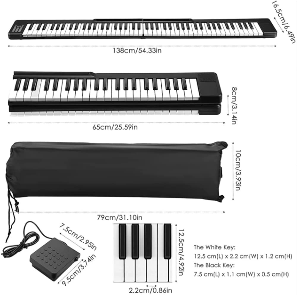 Piano de teclado plegable, piano digital portátil de 88 teclas de tamaño completo con Bluetooth y batería de 1750 mAh compatible con aplicación de conexión inteligente, controlador USB/MIDI, para
