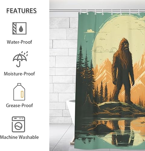Miniatura 2 de Sasquatch - Divertida cortina de ducha con pie grande retro, juego de cortina de ducha de tela fresca con 12 ganchos para accesorios de decoración