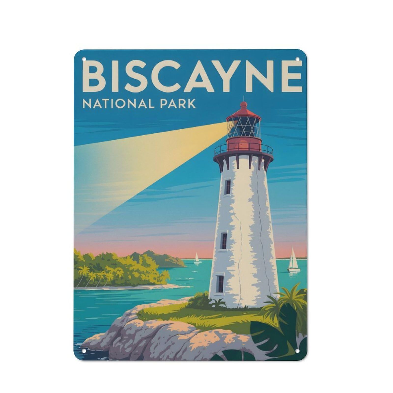 Junmoney Style-2 Biscayne National Park Lighthouse Illustration Garden Room Metal Sign 40X30cm, Vintage Shed Wall Decor For Conservatory, Home Bar Or Utility Room