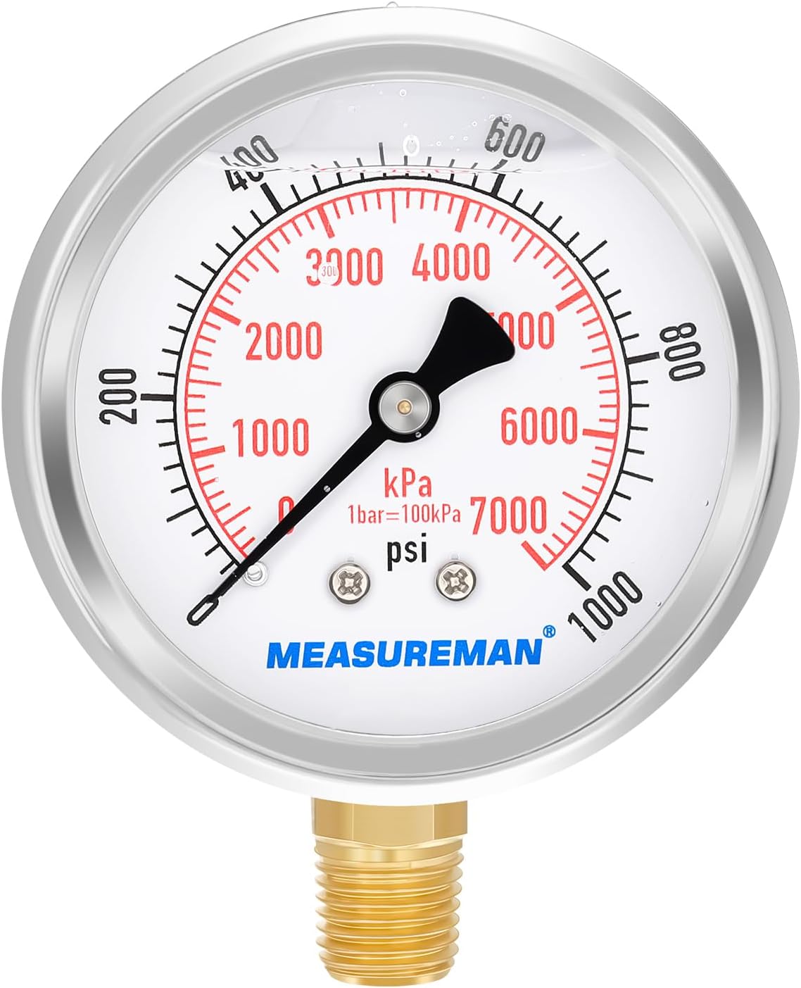 2-1/2inch Dial Size, Liquid Filled Pressure Gauge, 0-1000psi/7000kpa, 304 Stainless Steel Case, 1/4inchNPT Lower Mount