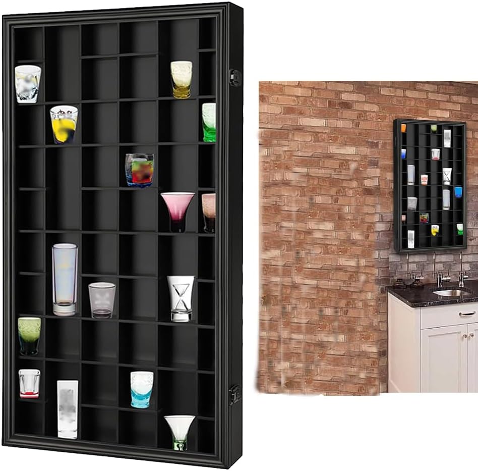 Large Wall Mounted Shot Glass Display Case - Lockable Solid Wood Cabinet with Removable Shelves for Wine Cup Storage - 46 Grid Black Wooden Storage Box for Home & Store