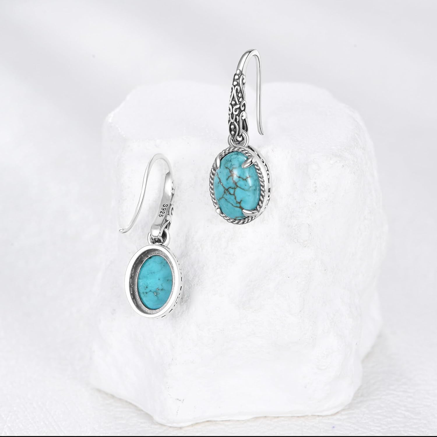 Vintage Natural Turquoise Hook Dangle Earrings 925 Sterling Silver Western Filigree 11MM Rhombic/Oval Cut Green Turquoise Hook Earrings for Women