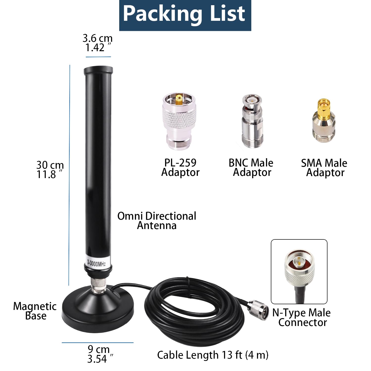 Antena de escáner de escritorio con soporte magnético, conector N macho de 13 pies con adaptadores BNC SMA SL16 para radio de coche, camión, VHF, UHF, FM, SDR, banda ancha, móvil, uso interior y