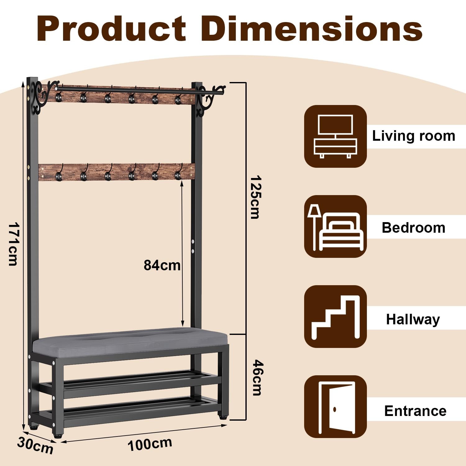Appendiabiti Con Panca e Scarpiera, Stand Portabiti Con 2 Ripiani, Ingresso in Metallo, Altezza 170 cm L:80/100CM