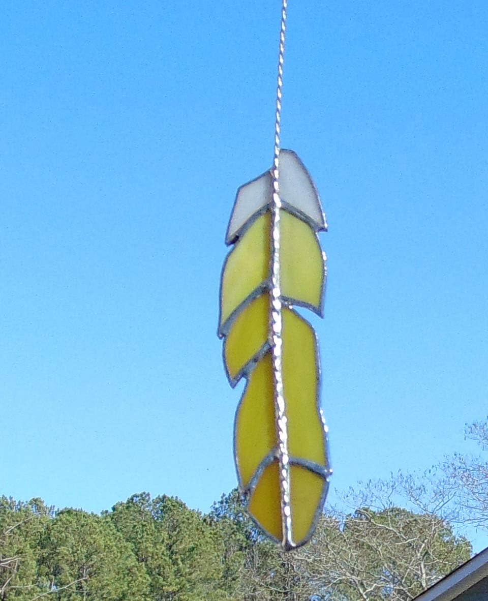 Yellow and White Handmade Stained Glass Feather Sun Catcher or Ornament