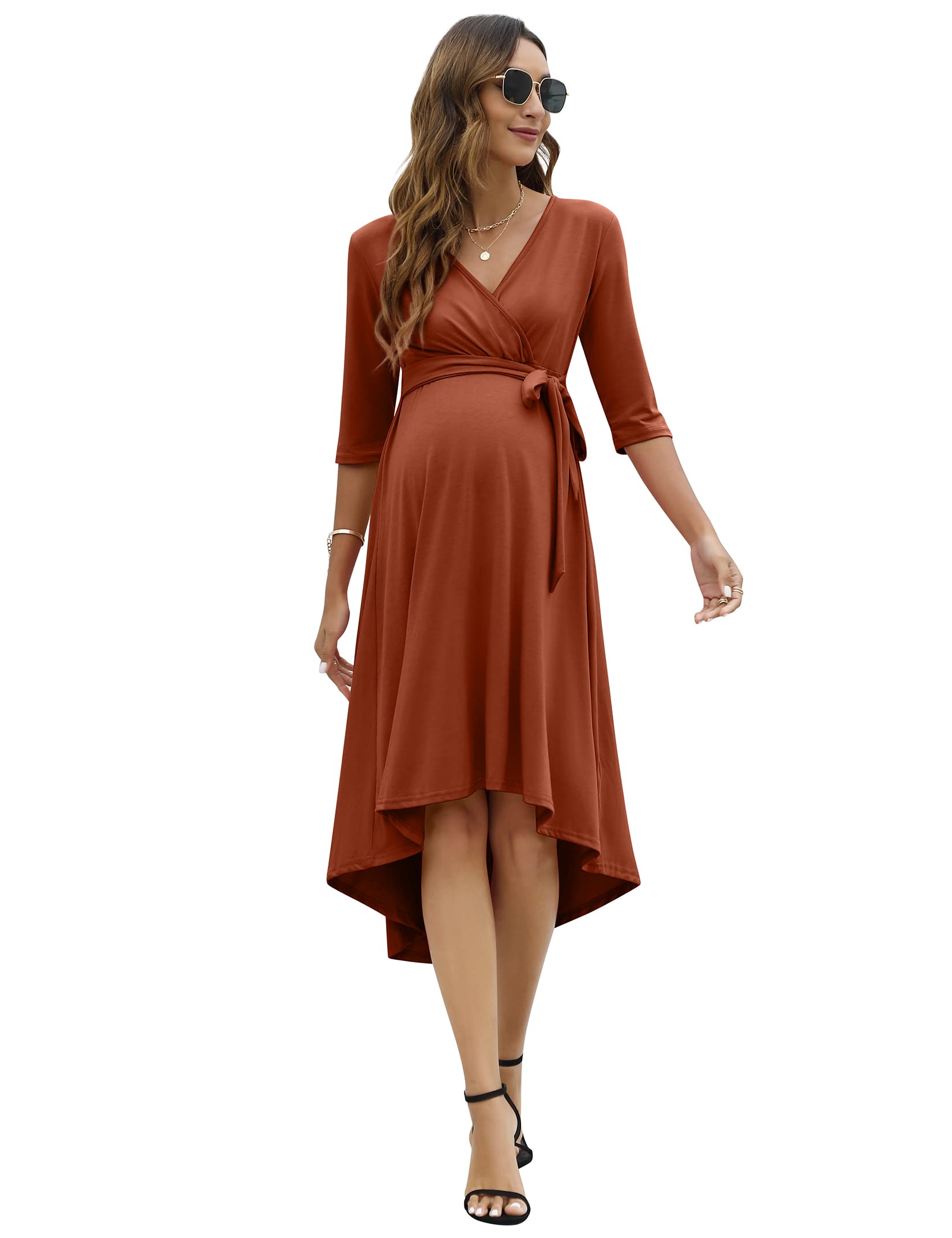 KOJOOIN Vestido de maternidad para mujer, vestido festivo de lactancia, cuello en V, manga 3/4, vestido de maternidad con cinturón de cintura (embalaje múltiple)
