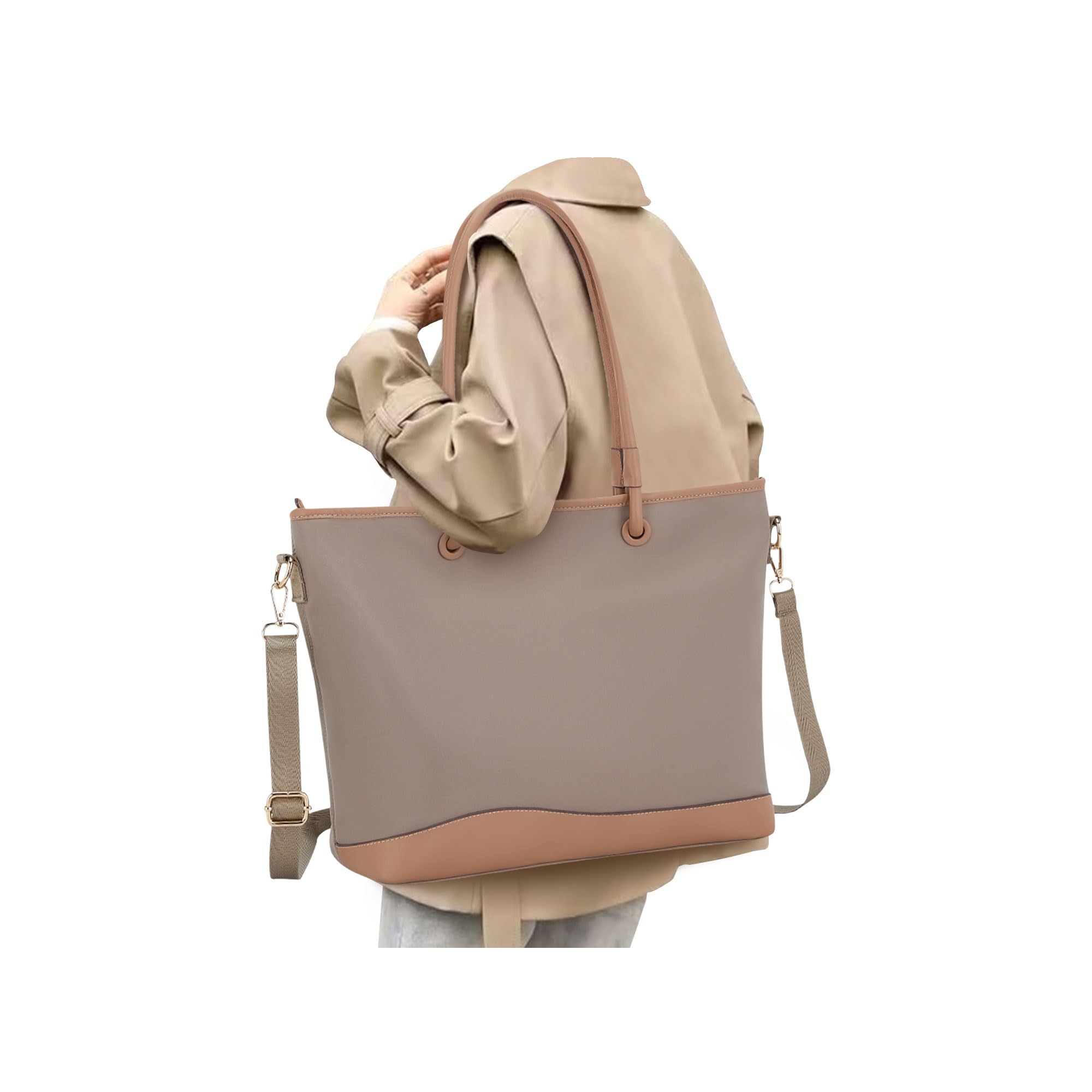 BJLFS Khaki Tote Bag with Purse Toiletry Bags for Women, Bags for LadiesTeacher Briefcase Work 14 Laptop Bags Beach Handbag, Large Capacity Computer bag for Business, Office, Travel, School,Casual